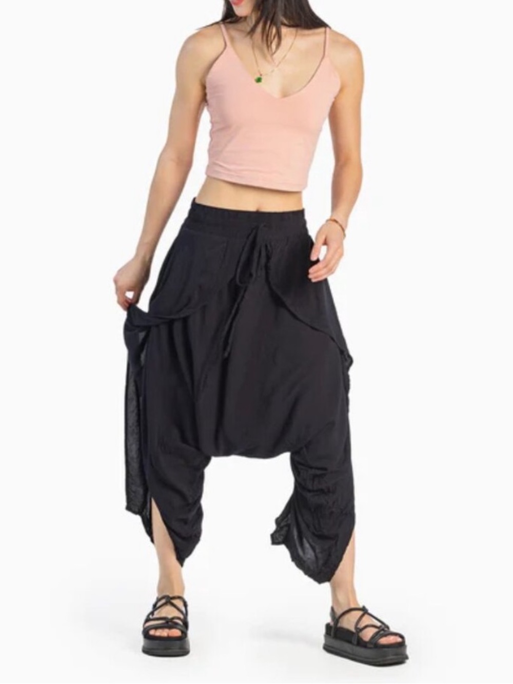 Buddha flap front Harem Pants drawstring elastic waist one size black